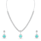 Aqua Blue Stone CZ Necklace Set | Silver Plated Party Wear Jewellery with Earrings - DZOIR