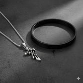 Men's Silver Cross Pendant Necklace with Black Bracelet (Pack of 2)
