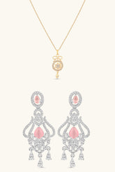 BELARIC Gold Plated Pendant Necklace with Diamond Look Bow Design & Silver Pink Stone Chandelier Earrings Combo Set for Women