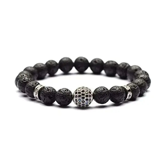 Men's Lava Stone Beaded Bracelet with Rhinestone Center - BELARIC