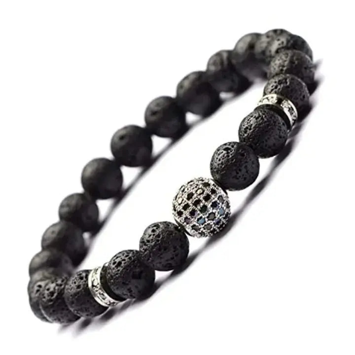 Men's Lava Stone Beaded Bracelet with Rhinestone Center - DZOIR
