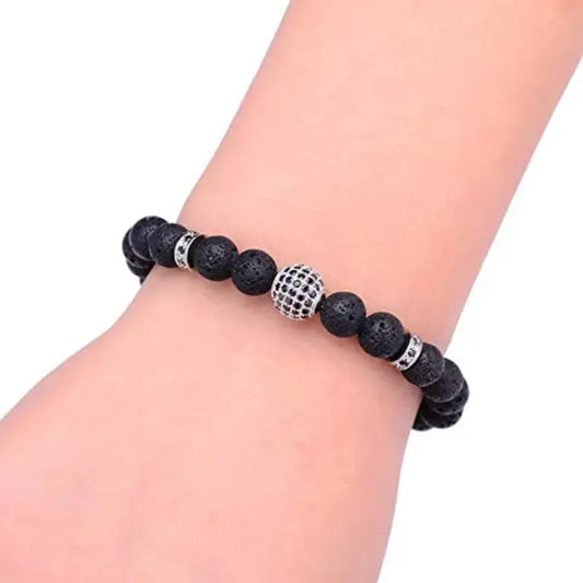 Men's Lava Stone Beaded Bracelet with Rhinestone Center - BELARIC