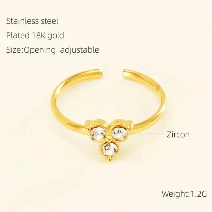 Gold-Plated Adjustable Ring with Triple Zircon Stones - DZOIR