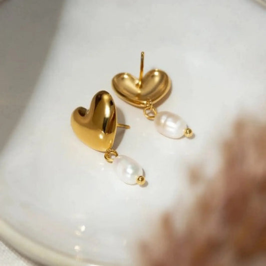 Gold Heart Pearl Drop Earrings for Women – Elegant Love-Inspired Jewelry, Minimalist Chic Dangle Earrings - BELARIC