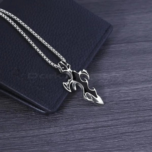 Men’s Stainless Steel Flame Cross Necklace – Gothic Rock Style - BELARIC