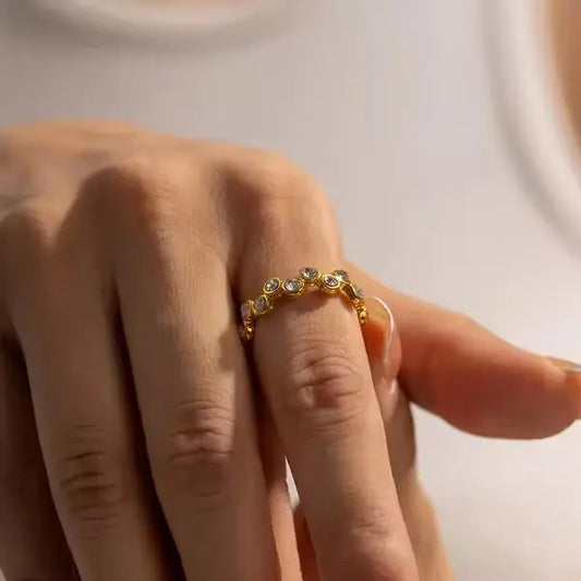Gold Beaded Eternity Ring – Dainty Stacking Band with Sparkling Zircon Stones - BELARIC
