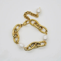 Chunky Gold Chain Bracelet with Baroque Pearl Charms - DZOIR