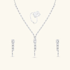 Silver-Plated CZ Necklace Set with Earrings & Ring | Elegant White Stone Jewellery for Women - DZOIR