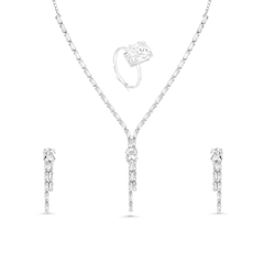 Silver-Plated CZ Necklace Set with Earrings & Ring | Elegant White Stone Jewellery for Women - DZOIR