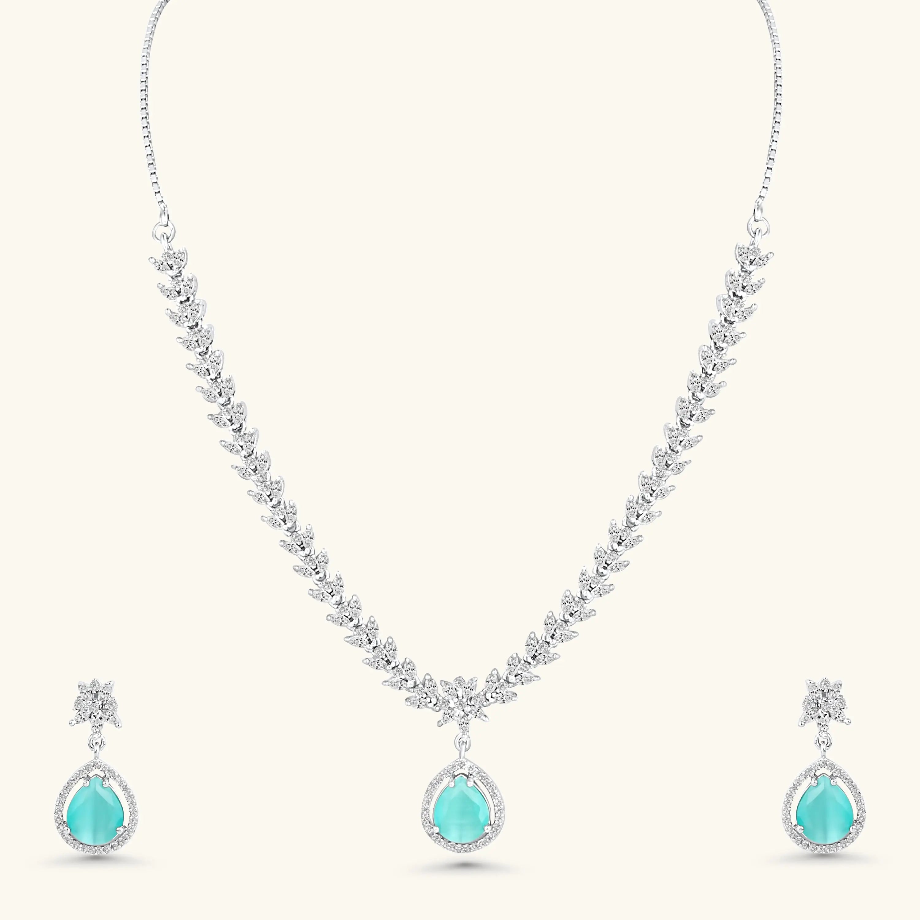 Aqua Blue Stone CZ Necklace Set | Silver Plated Party Wear Jewellery with Earrings - DZOIR