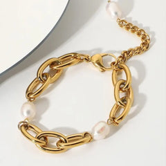 Chunky Gold Chain Bracelet with Baroque Pearl Charms - DZOIR