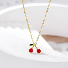 Gold-Plated Cherry Pendant Necklace for Women | Cute Red Enamel Charm Jewellery