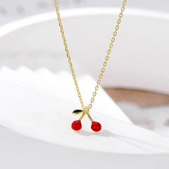 Gold-Plated Cherry Pendant Necklace for Women | Cute Red Enamel Charm Jewellery