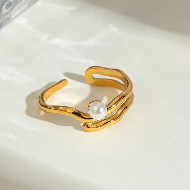 Minimal Gold Pearl Open Ring | Adjustable Designer Statement Ring for Women - DZOIR