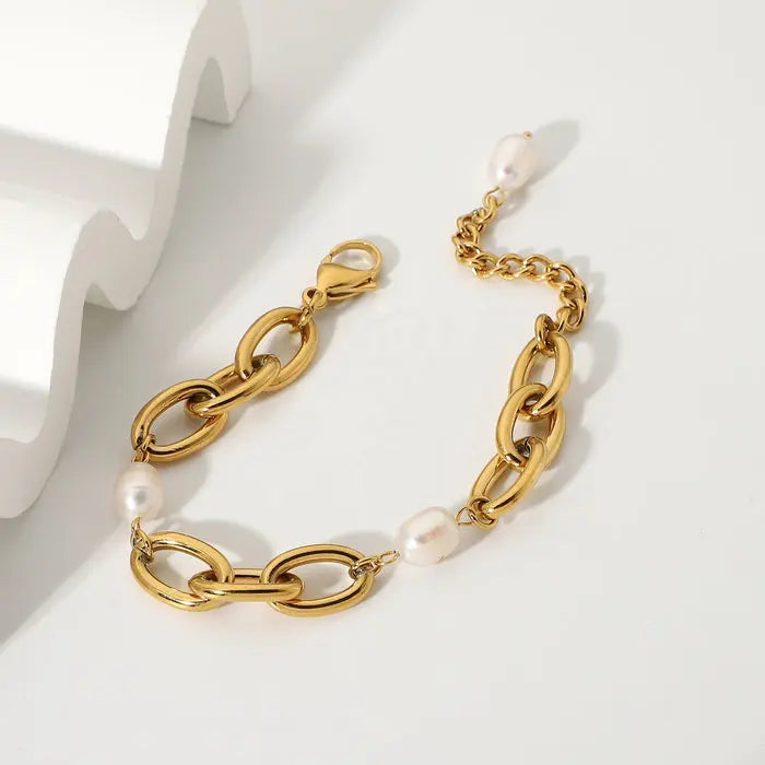 Chunky Gold Chain Bracelet with Baroque Pearl Charms - BELARIC