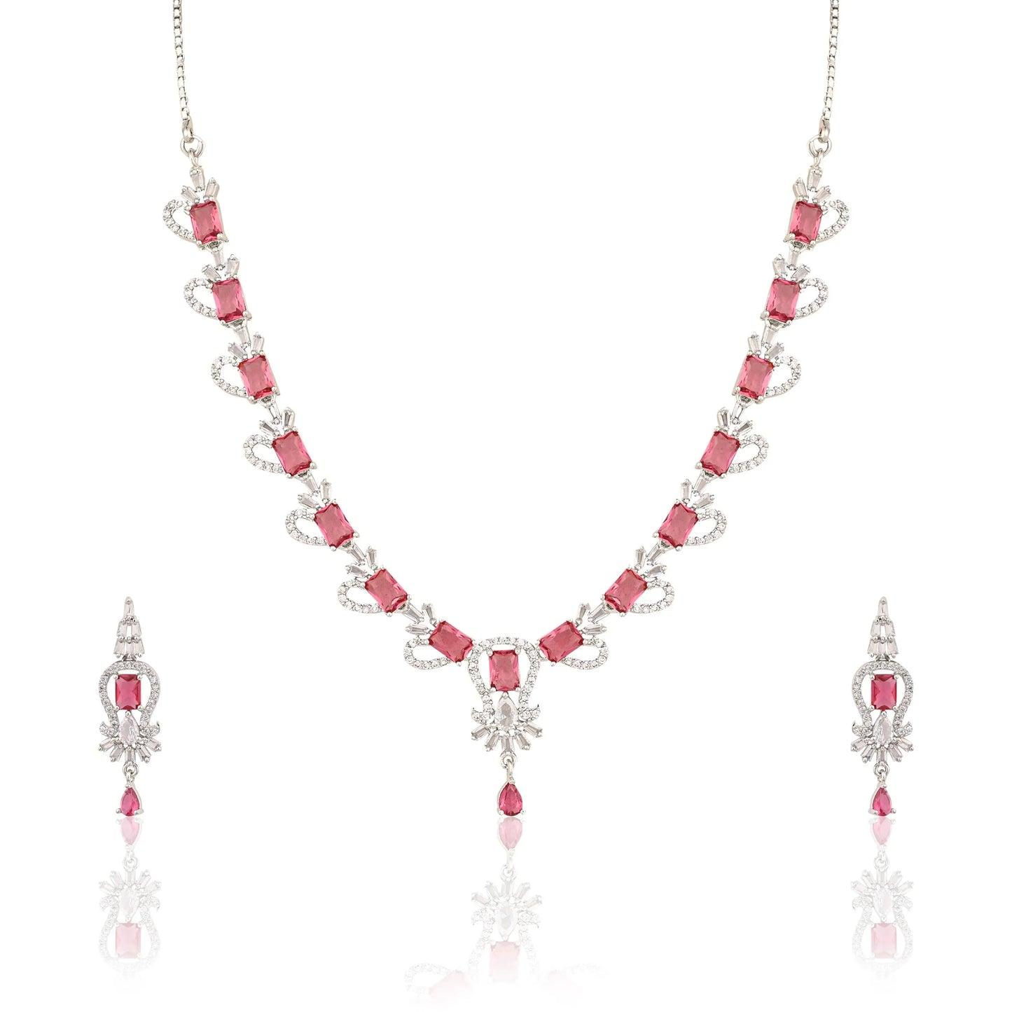 Silver Finish Choker with Earrings | Pink Stone CZ Necklace Set for Women - DZOIR