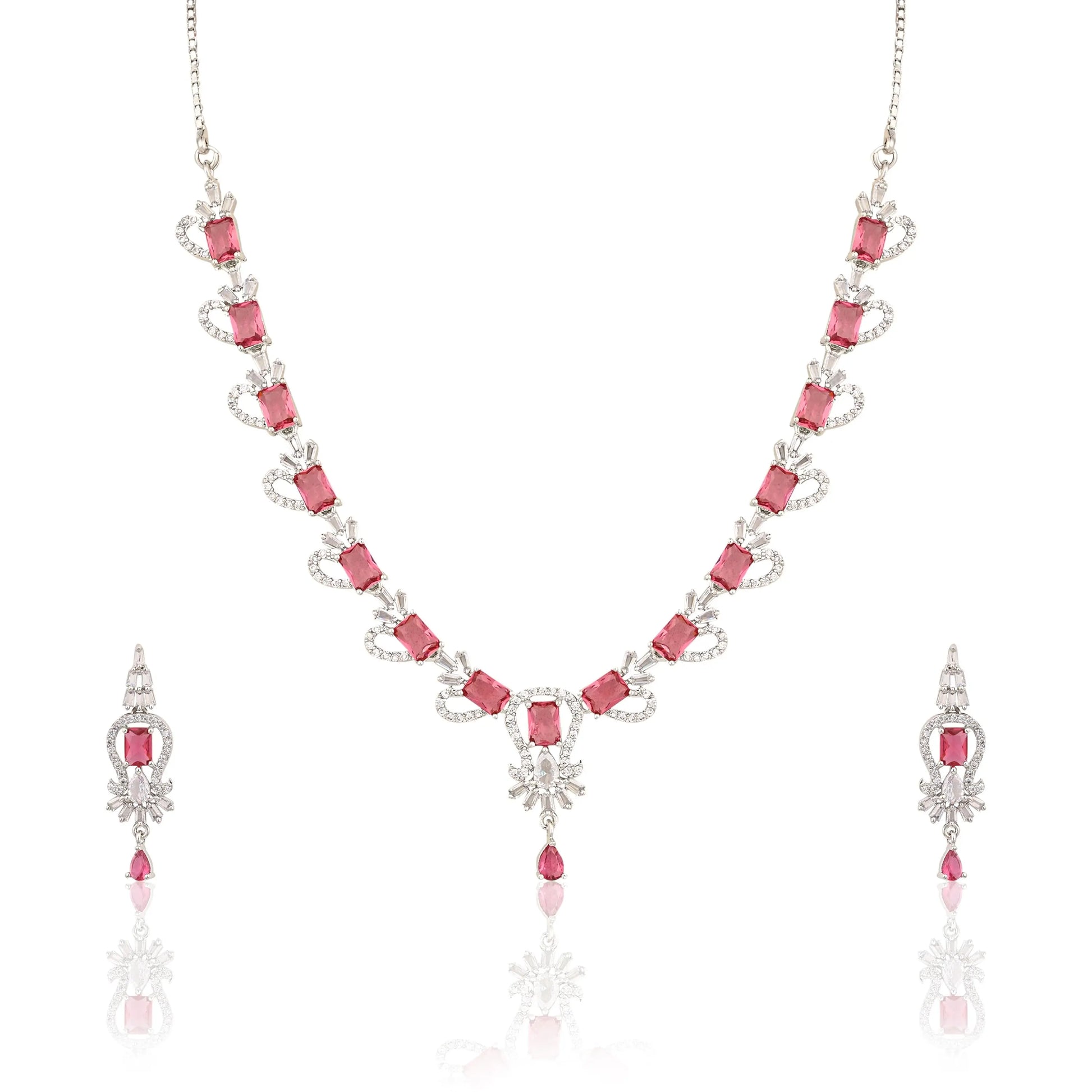 Silver Finish Choker with Earrings | Pink Stone CZ Necklace Set for Women - DZOIR
