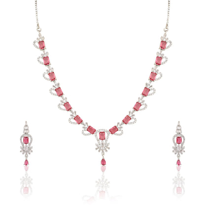 Silver Finish Choker with Earrings | Pink Stone CZ Necklace Set for Women - DZOIR