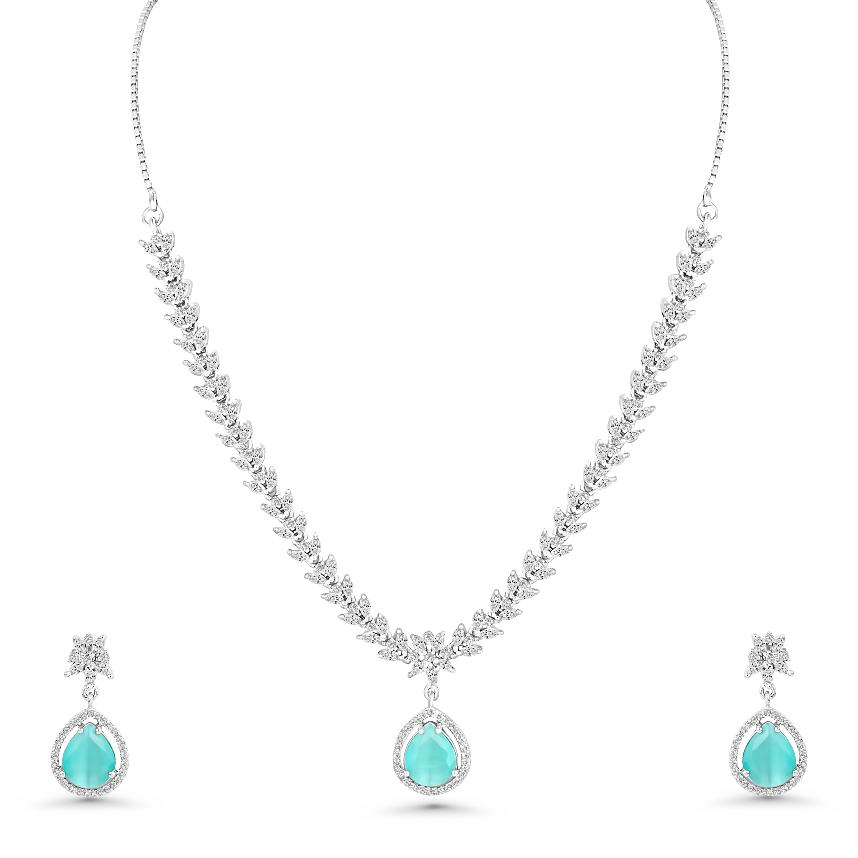 Aqua Blue Stone CZ Necklace Set | Silver Plated Party Wear Jewellery with Earrings - DZOIR