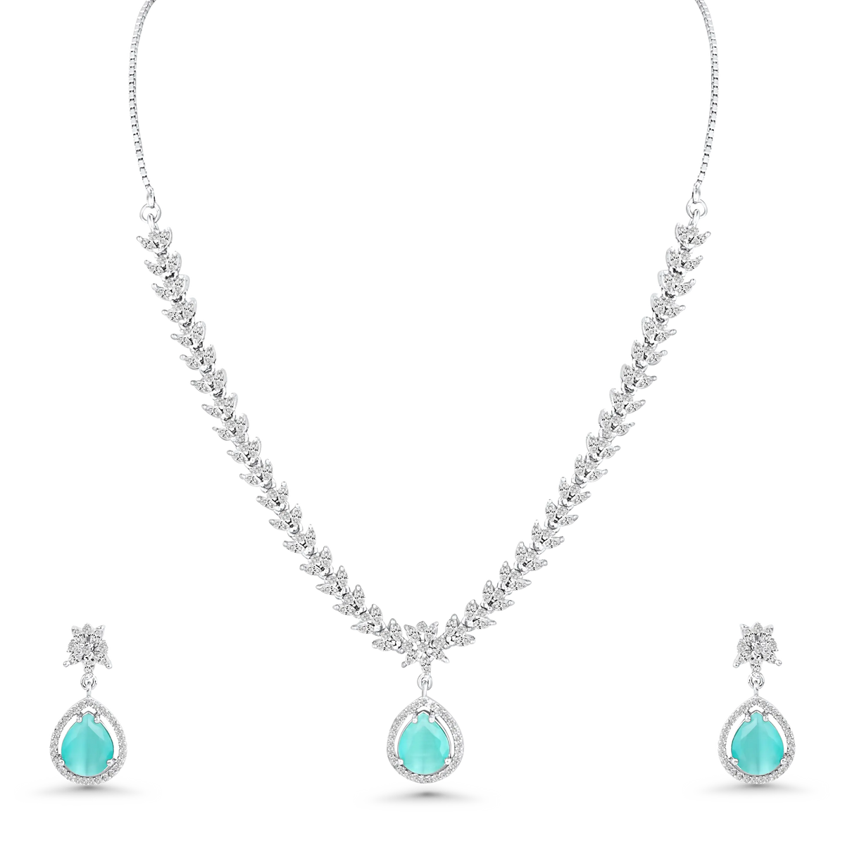 Aqua Blue Stone CZ Necklace Set | Silver Plated Party Wear Jewellery with Earrings - DZOIR