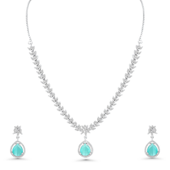Aqua Blue Stone CZ Necklace Set | Silver Plated Party Wear Jewellery with Earrings - DZOIR