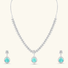 Aqua Blue Stone CZ Necklace Set | Silver Plated Party Wear Jewellery with Earrings - DZOIR