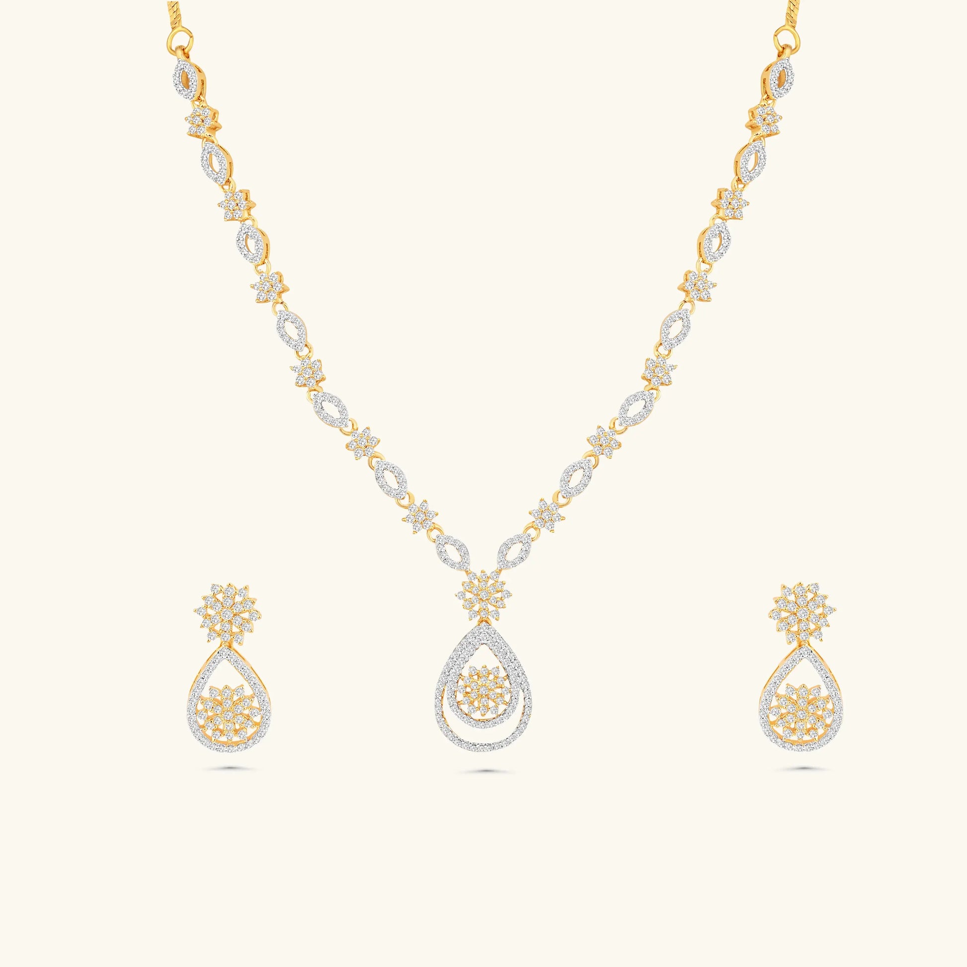 Gold-Plated American Diamond Necklace Set with Earrings for Women & Girls - DZOIR