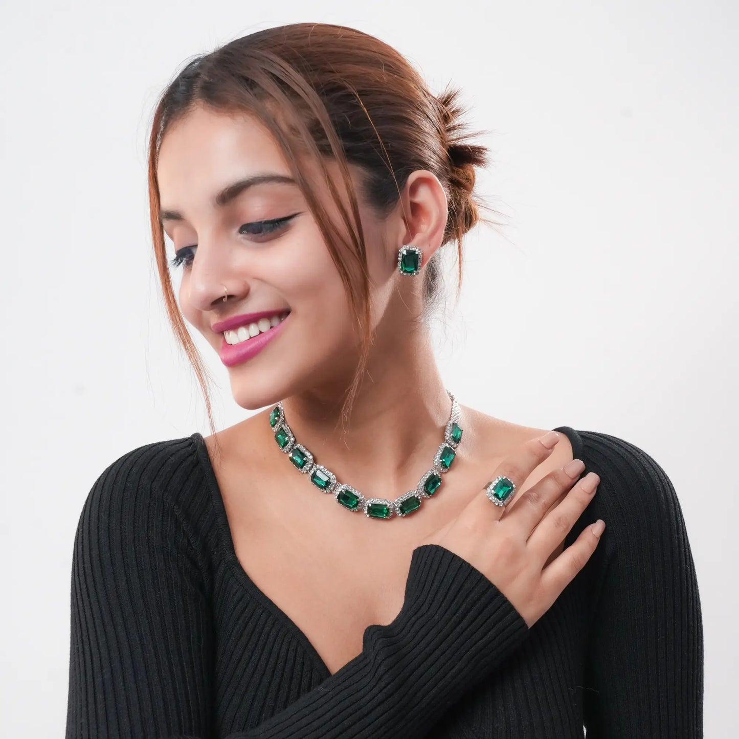 BELARIC Emerald Green Stone Necklace Set with Earrings & Ring | American Diamond Choker Jewelry Set for Women - BELARIC