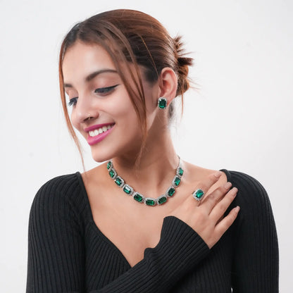 BELARIC Emerald Green Stone Necklace Set with Earrings & Ring | American Diamond Choker Jewelry Set for Women - BELARIC