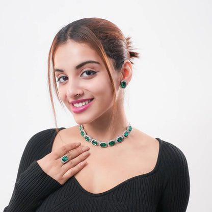 BELARIC Emerald Green Stone Necklace Set with Earrings & Ring | American Diamond Choker Jewelry Set for Women - BELARIC