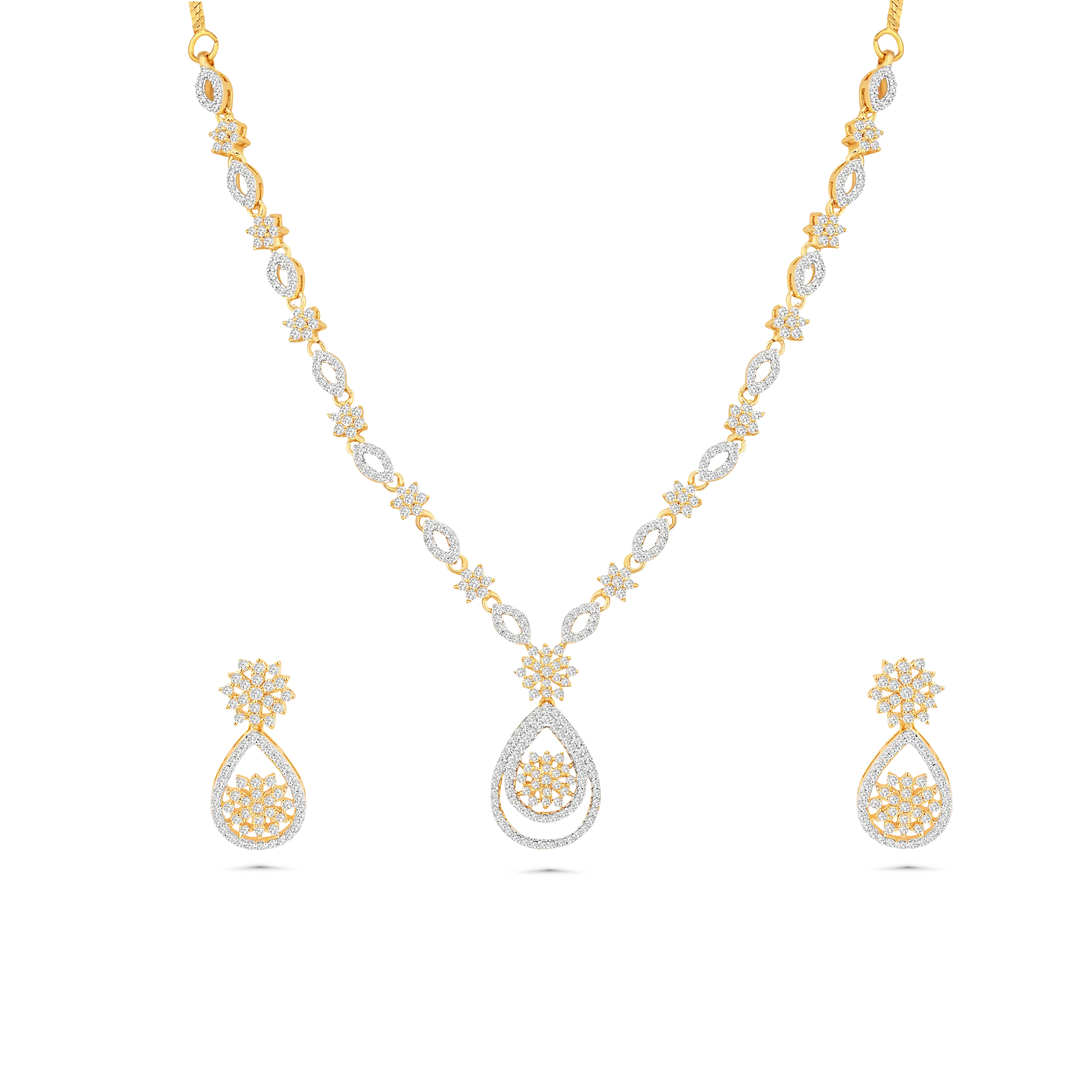 Gold-Plated American Diamond Necklace Set with Earrings for Women & Girls - DZOIR