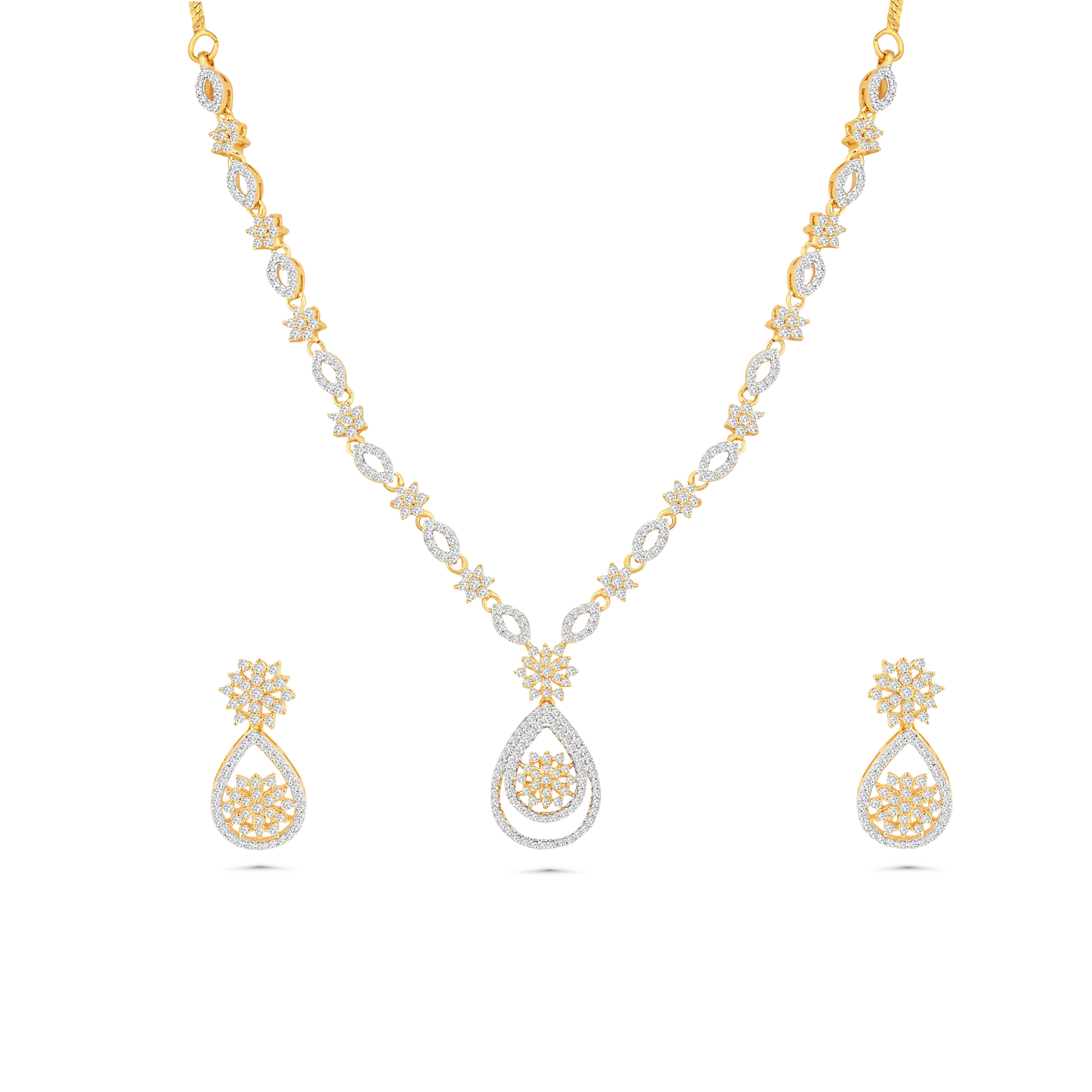 Gold-Plated American Diamond Necklace Set with Earrings for Women & Girls - DZOIR
