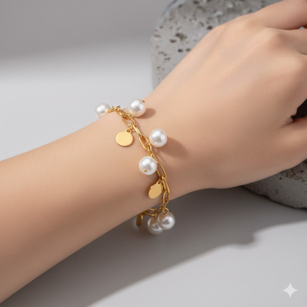 Gold Pearl Disc Charm Bracelet