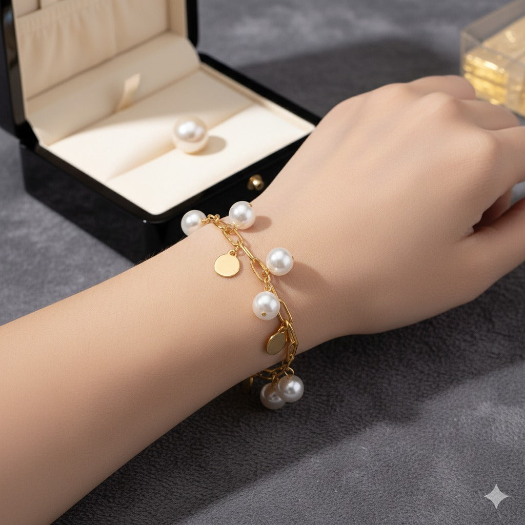 Gold Pearl Disc Charm Bracelet
