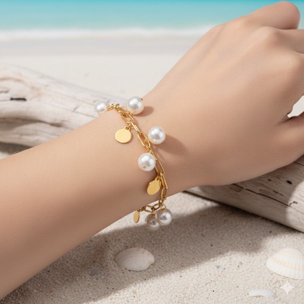 Gold Pearl Disc Charm Bracelet