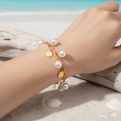 Gold Pearl Disc Charm Bracelet