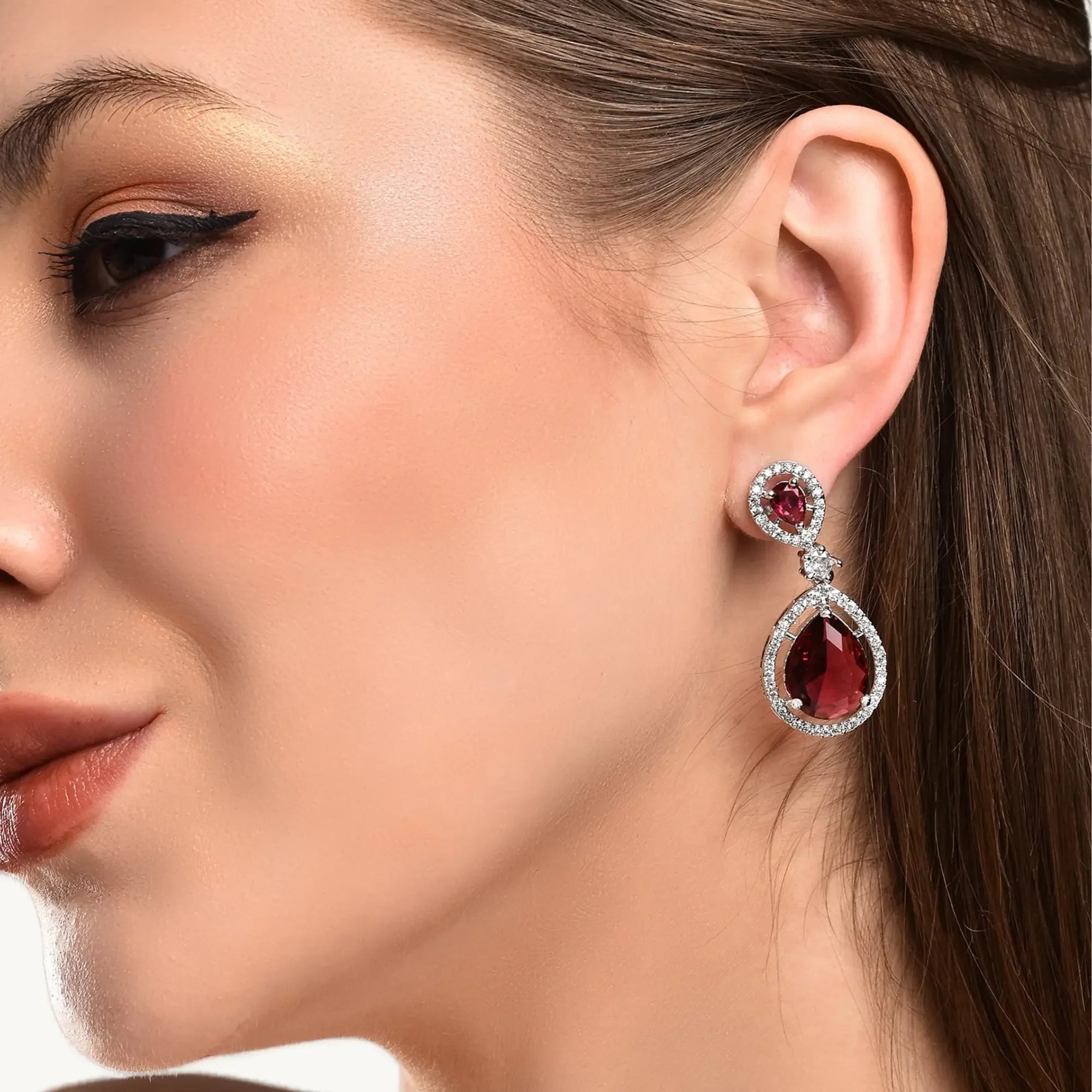DZOIR Fashion Stylish Red Earrings for Women & Girls | Elegant AD Cubic Zirconia Diamond Earrings | Trendy Dangle Earrings for Parties & Everyday Wear - DZOIR