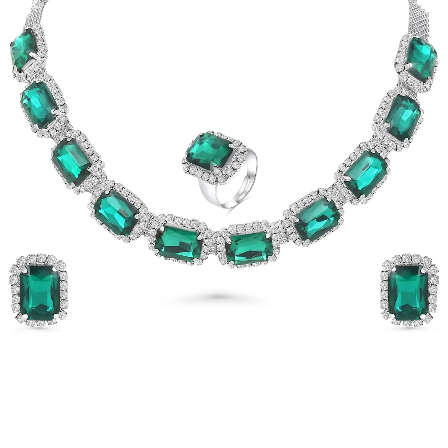 BELARIC Emerald Green Stone Necklace Set with Earrings & Ring | American Diamond Choker Jewelry Set for Women - BELARIC
