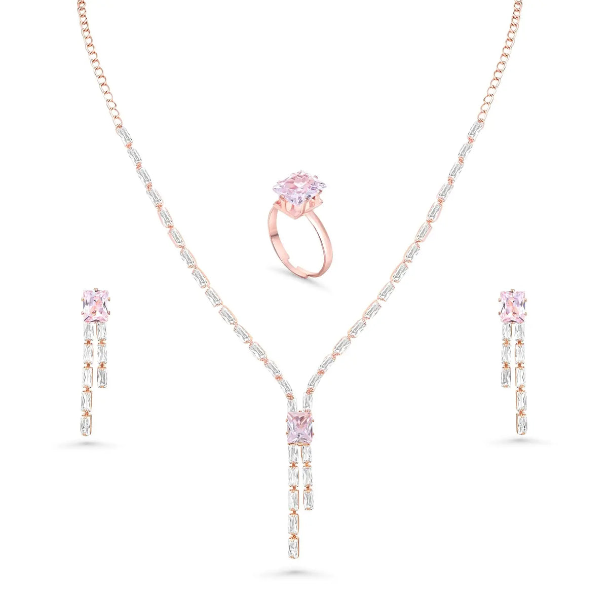 DZOIR Rhinestone Jewellery Set for Women | Necklace and Earrings with Finger Rings | Gold Plated, Rose Gold Jewellery Set | AD Necklace Set (Rose Gold) - DZOIR