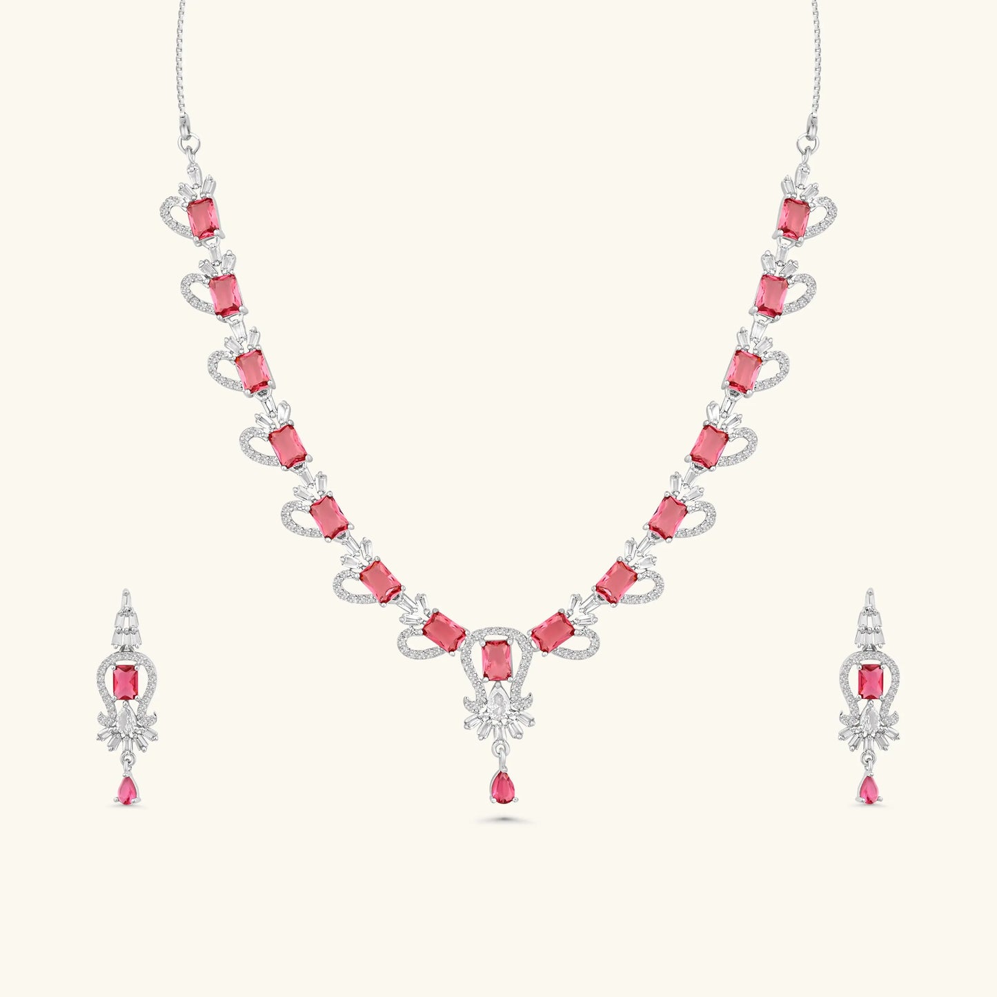 Silver Finish Choker with Earrings | Pink Stone CZ Necklace Set for Women - DZOIR