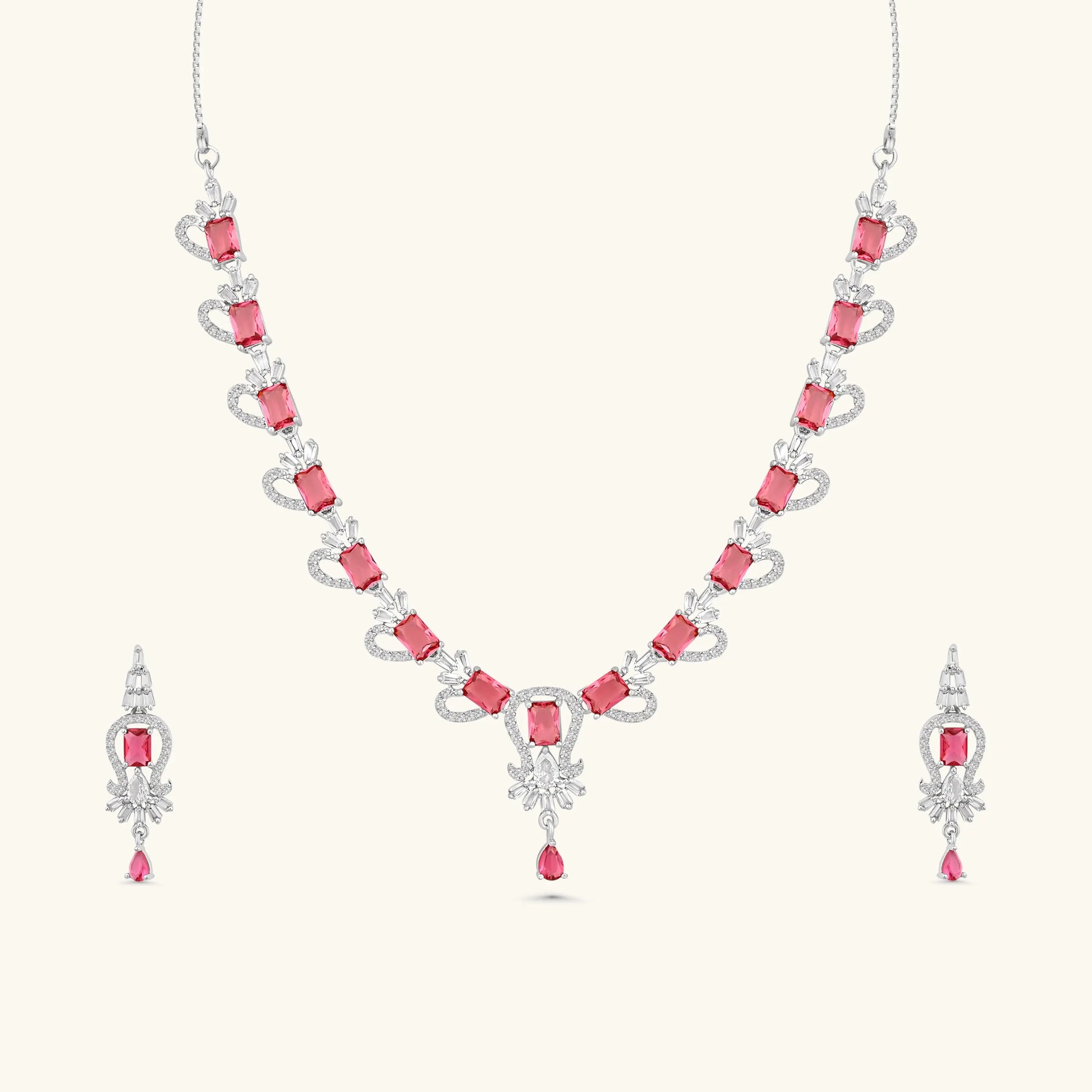 Silver Finish Choker with Earrings | Pink Stone CZ Necklace Set for Women - DZOIR