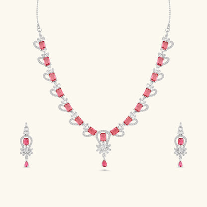 Silver Finish Choker with Earrings | Pink Stone CZ Necklace Set for Women - DZOIR