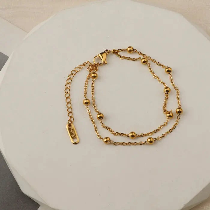 Elegant Gold-Plated Beaded Chain Bracelet – Dainty Layered Jewellery for Women - DZOIR