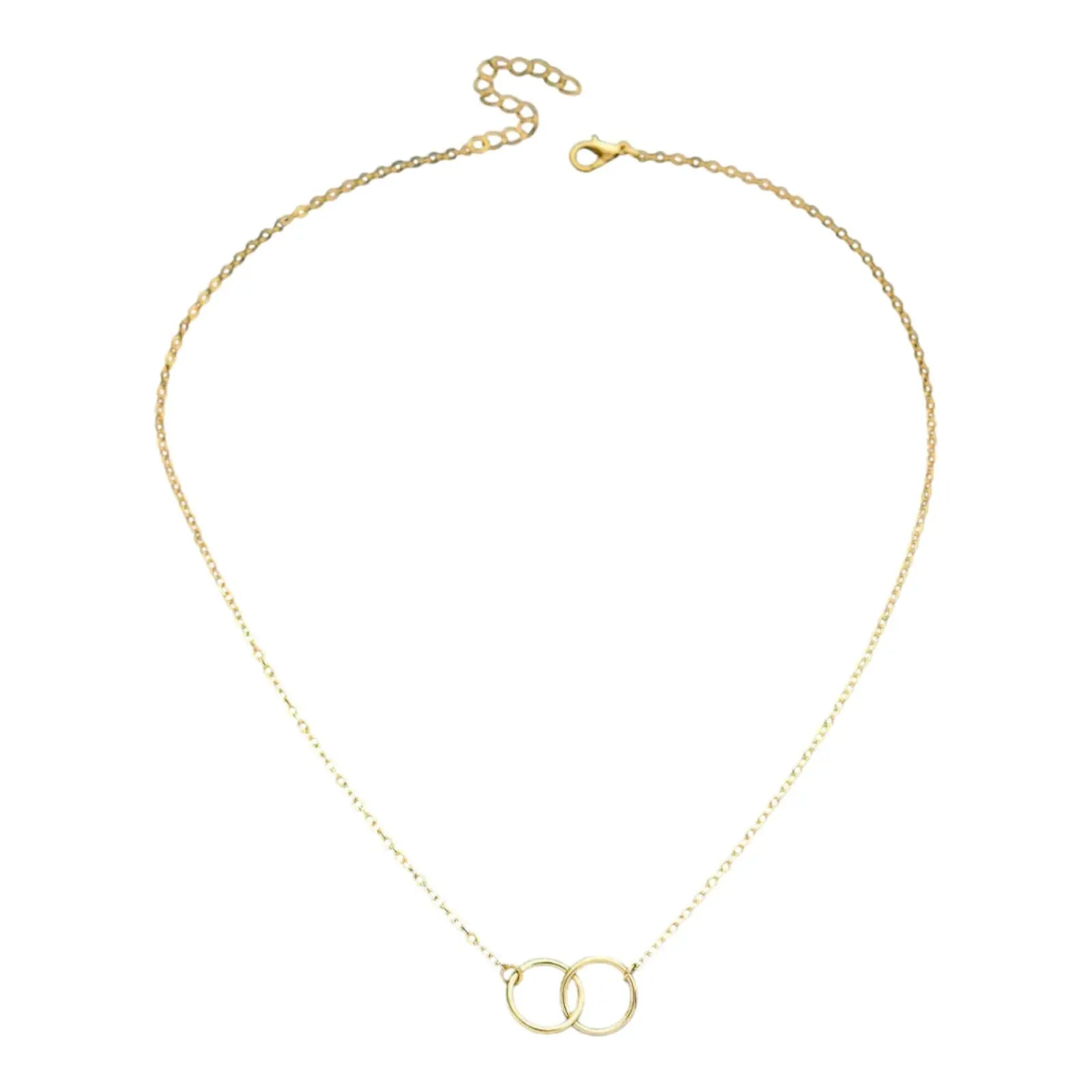 Elegant Gold-Tone Double Circle Necklace – Minimalist Interlocking Rings Pendant - DZOIR