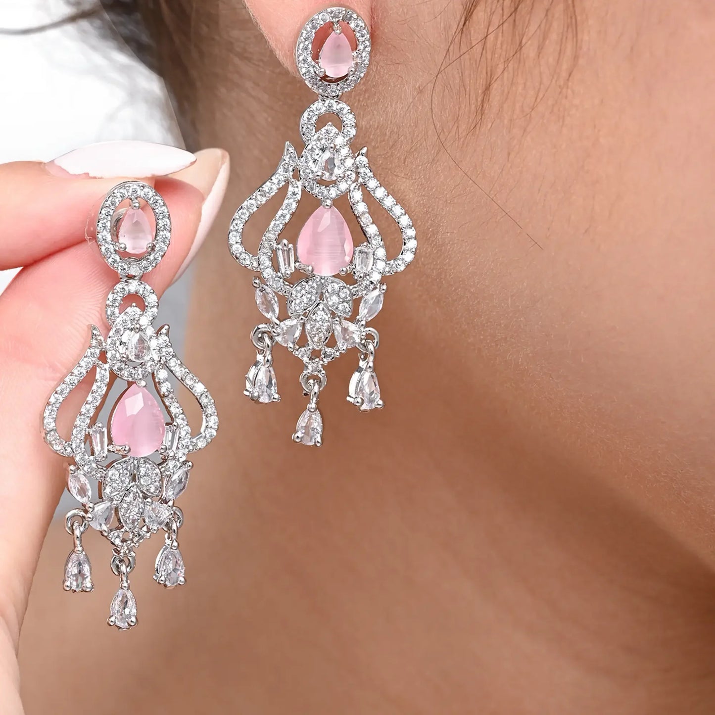 Pink Stone Chandelier Earrings - BELARIC