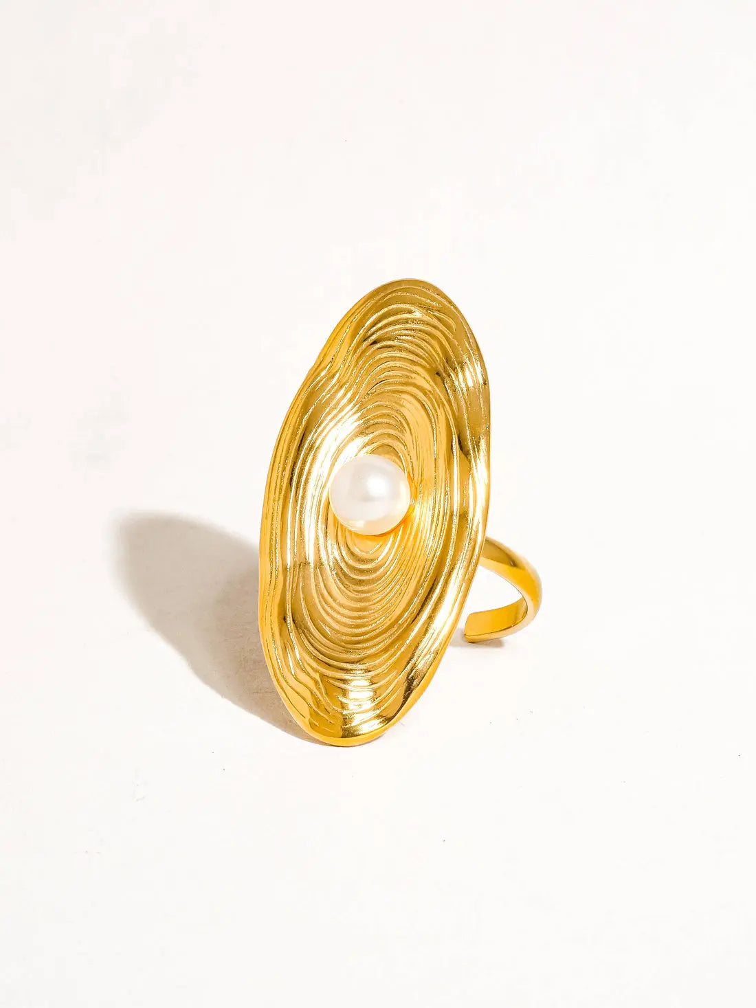 Textured Gold Statement Ring with Pearl – Adjustable, Artistic Design - DZOIR