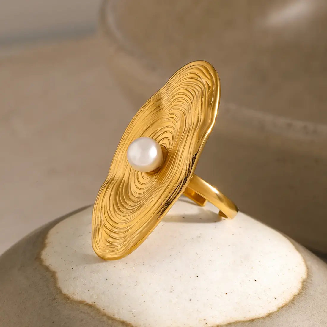Textured Gold Statement Ring with Pearl – Adjustable, Artistic Design - DZOIR