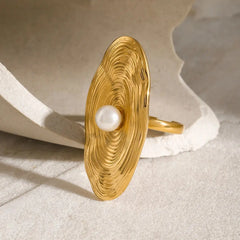 Textured Gold Statement Ring with Pearl – Adjustable, Artistic Design - DZOIR