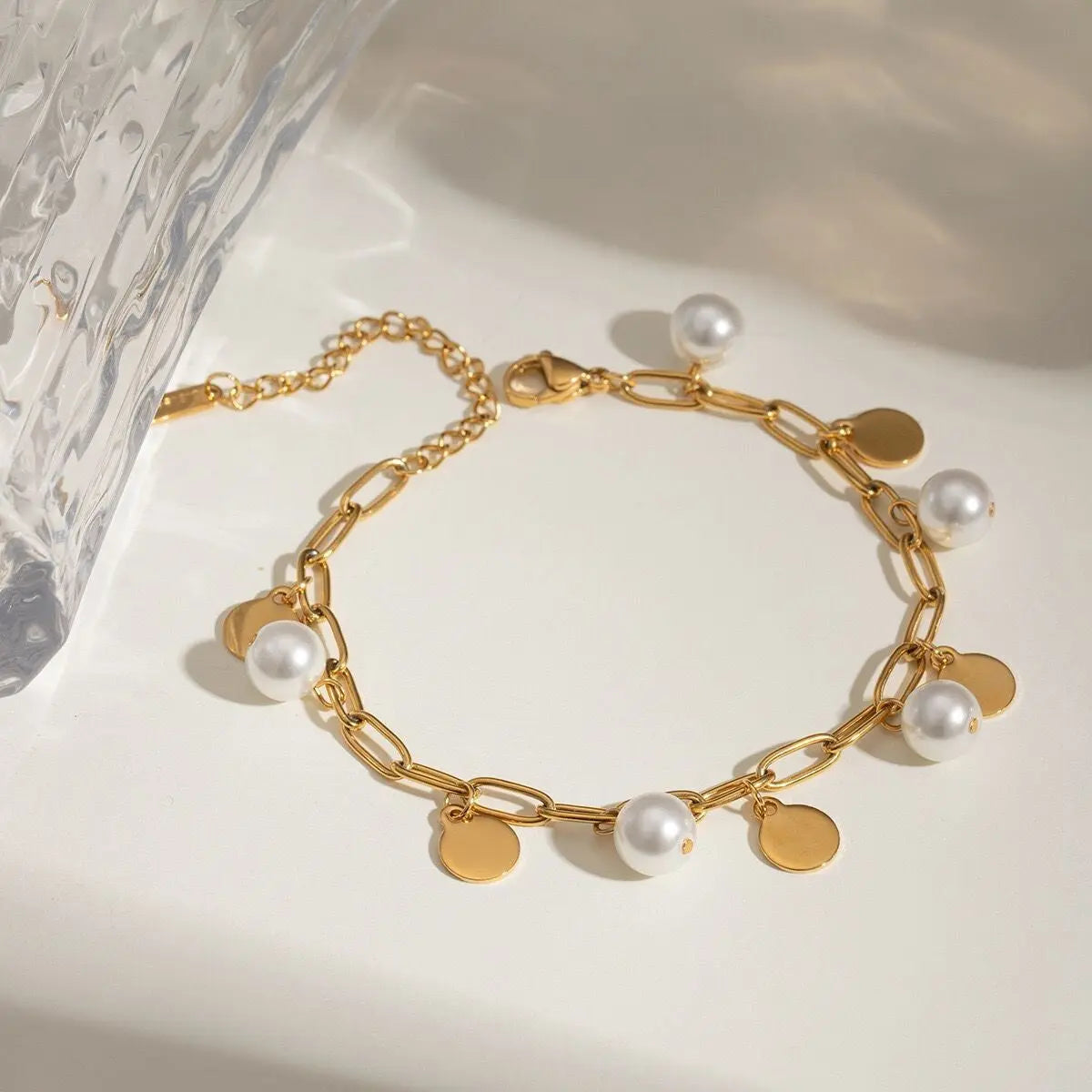 Gold Chain Bracelet with Pearls and Disc Charms – Elegant, Adjustable Jewelry - DZOIR
