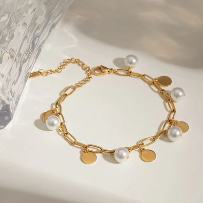 Gold Pearl Disc Charm Bracelet - BELARIC